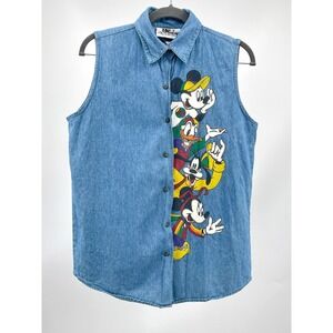 Vintage 90s Disney Mickey & Friends Denim Shirt Womens S Sleeveless Jerry Leigh